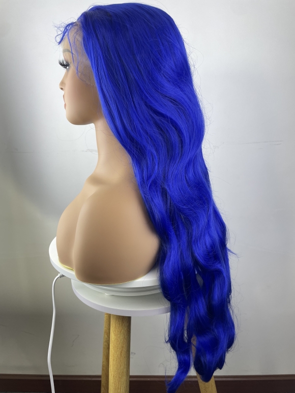 New fashion women's 6*13 Lace Front Wig natural fiber Body Wave Long Hair Wigs blue 28 inches